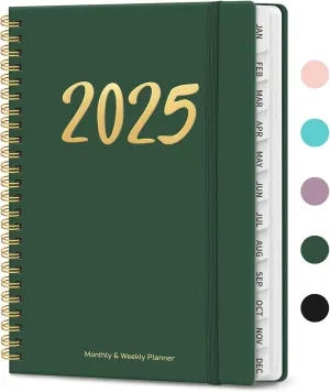 2025 Planner, Weekly and Monthly Planner Spiral Bound, Jan 2025 - Dec 2025, Hardcover 2025 Calendar Planner Book with Tabs, Inner Pocket, Perfect for Office Home School Supplies - A5 (6.3" x 8.5"), Green