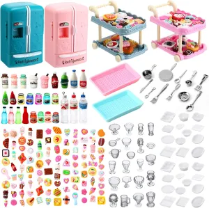 220 Pcs Dollhouse Refrigerator Mini Fridge Toy with Mini Dining Car Miniature Food Drinks Dollhouse Kitchen Furniture Food Toys Dollhouse Miniatures Kitchen Bottles Desserts Decorations for Kids
