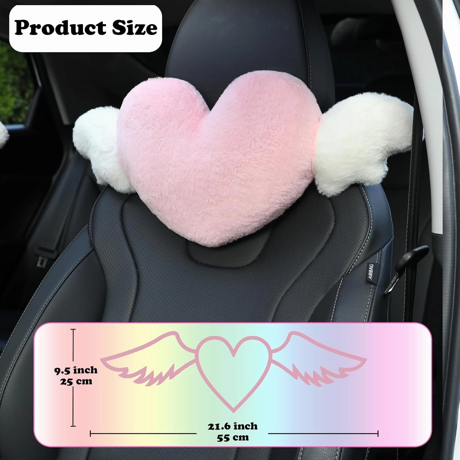 2 Pack Heart Shaped Cute Car Headrest Pillow with Angel Wings - Comfortable Soft Head Rest Cushion Kawaii Car Accessories Neck Pillow for Driving Travelling Office Home Decor - Pink Love Heart