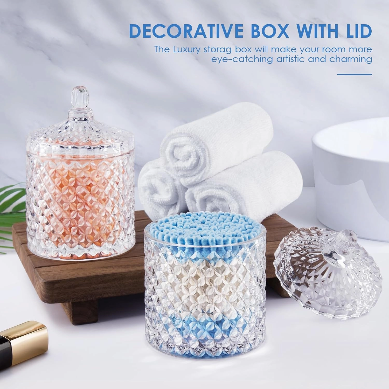2 Pack Qtip Holder Cotton Round Ball Holder Set, Apothecary Jars Glass Bathroom Storage jars with Lids for Bathroom Decor, Qtip Dispenser for Cotton Swab,Cutip,Cotton Pad