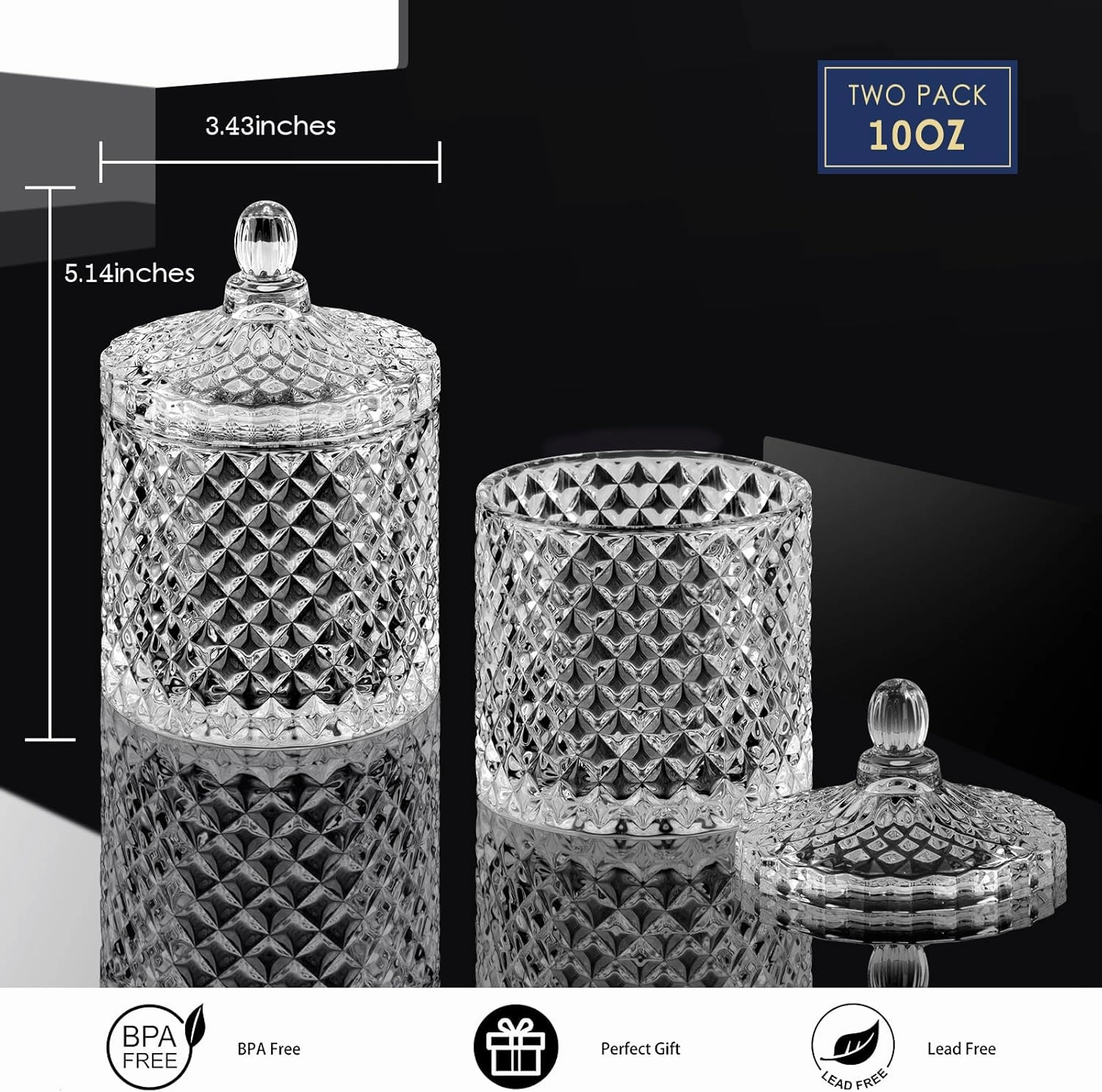 2 Pack Qtip Holder Cotton Round Ball Holder Set, Apothecary Jars Glass Bathroom Storage jars with Lids for Bathroom Decor, Qtip Dispenser for Cotton Swab,Cutip,Cotton Pad