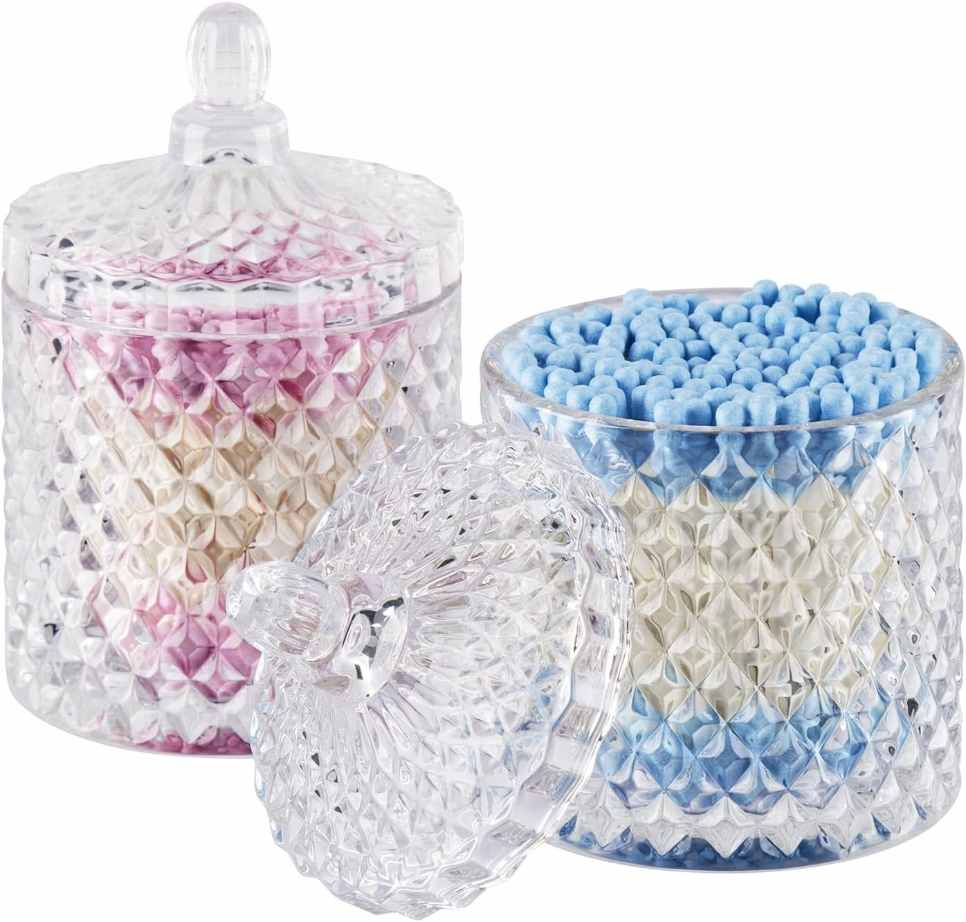 2 Pack Qtip Holder Cotton Round Ball Holder Set, Apothecary Jars Glass Bathroom Storage jars with Lids for Bathroom Decor, Qtip Dispenser for Cotton Swab,Cutip,Cotton Pad