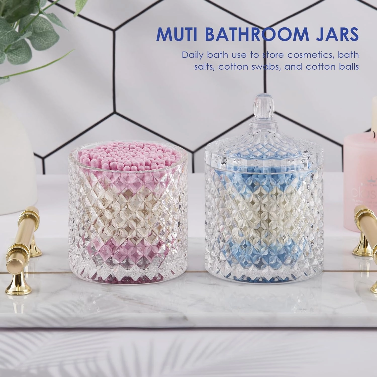 2 Pack Qtip Holder Cotton Round Ball Holder Set, Apothecary Jars Glass Bathroom Storage jars with Lids for Bathroom Decor, Qtip Dispenser for Cotton Swab,Cutip,Cotton Pad