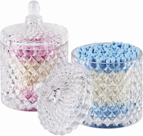 2 Pack Qtip Holder Cotton Round Ball Holder Set, Apothecary Jars Glass Bathroom Storage jars with Lids for Bathroom Decor, Qtip Dispenser for Cotton Swab,Cutip,Cotton Pad
