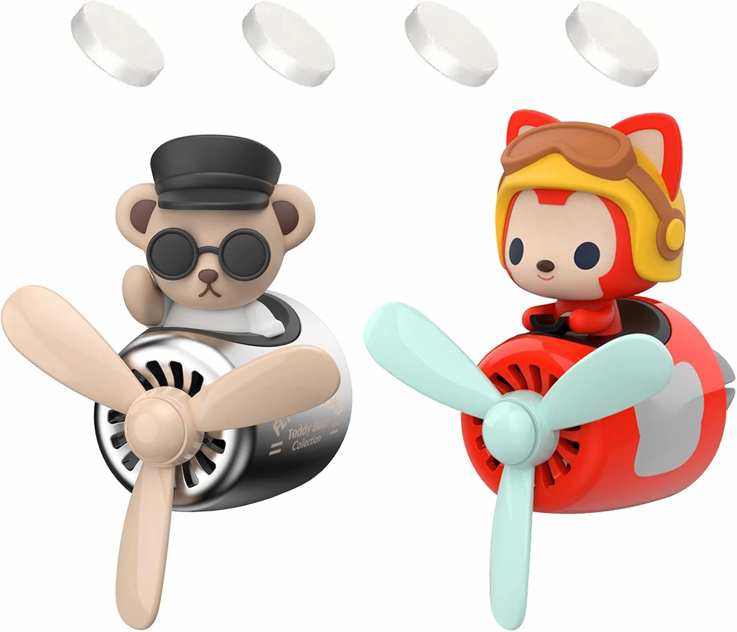 2 Pieces Car Air Fresheners, Cute Bear Pilot Car Diffuser, Propeller Air Outlet Vent Fresheners, Suitable for Automotive Interior Decoration (Red Silver)