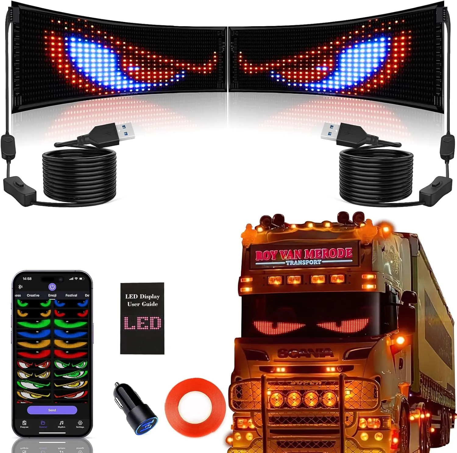 2PCS Synchronized Devil Eyes Light for Truck, 23.4”X4.7” Flex Car Window LED Display Screen, Dynamic Colorful Eye Lamp Programmable LED Eyes for Car Truck Windshield