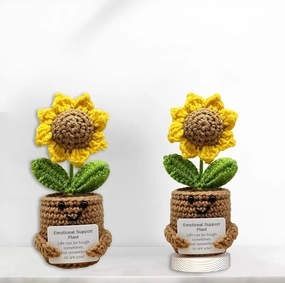 2Pcs Positive Sunflower Funny Friend Corworker Gifts with Cards, Cute Mini Things Birthday for Women Men Emotional Support Crochet Doll Room Decors