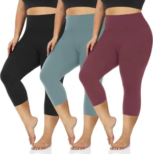 3 Pack Women's Plus Size Capri Leggings High Waist Tummy Control, Stretchy Yoga Workout Pants (XL-4X) - Spandex Elastic Fit