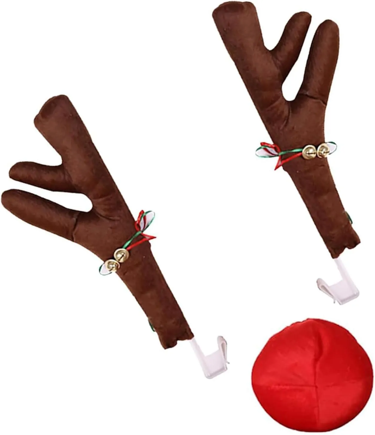 3 PCS Car Body Decoration Kit, 4.72" x 17.72" Pearl Cotton Filled Roof with Bell Antlers   5.91" Grille Nose Pendant, Multi-Functional Christmas Festive Atmosphere Accessories (Brown)