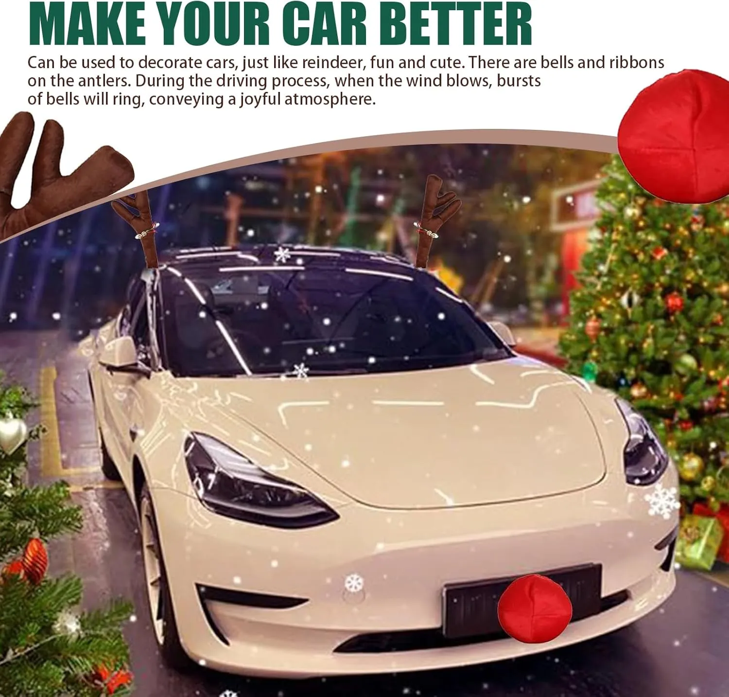 3 PCS Car Body Decoration Kit, 4.72" x 17.72" Pearl Cotton Filled Roof with Bell Antlers   5.91" Grille Nose Pendant, Multi-Functional Christmas Festive Atmosphere Accessories (Brown)
