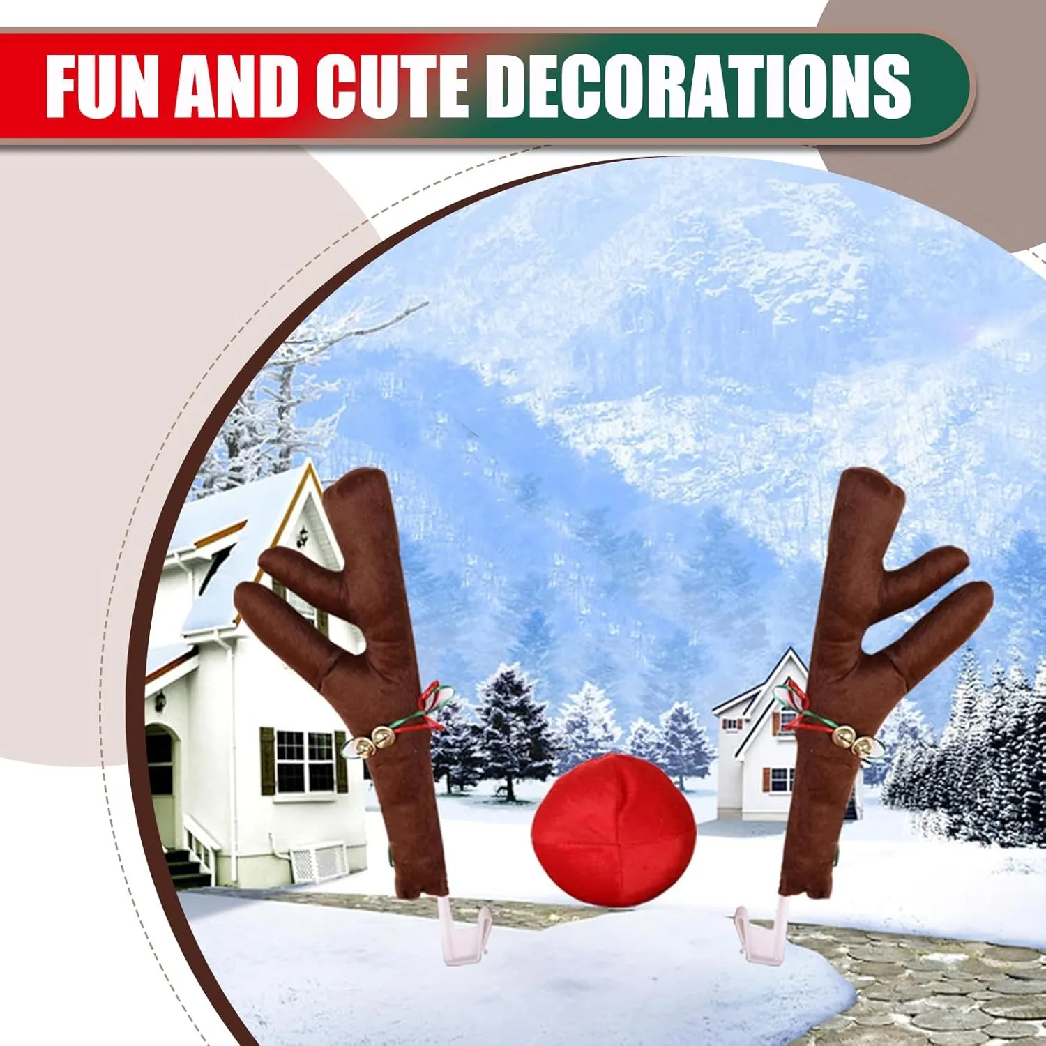 3 PCS Car Body Decoration Kit, 4.72" x 17.72" Pearl Cotton Filled Roof with Bell Antlers   5.91" Grille Nose Pendant, Multi-Functional Christmas Festive Atmosphere Accessories (Brown)