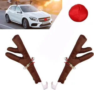 3 PCS Car Body Decoration Kit, 4.72" x 17.72" Pearl Cotton Filled Roof with Bell Antlers   5.91" Grille Nose Pendant, Multi-Functional Christmas Festive Atmosphere Accessories (Brown)