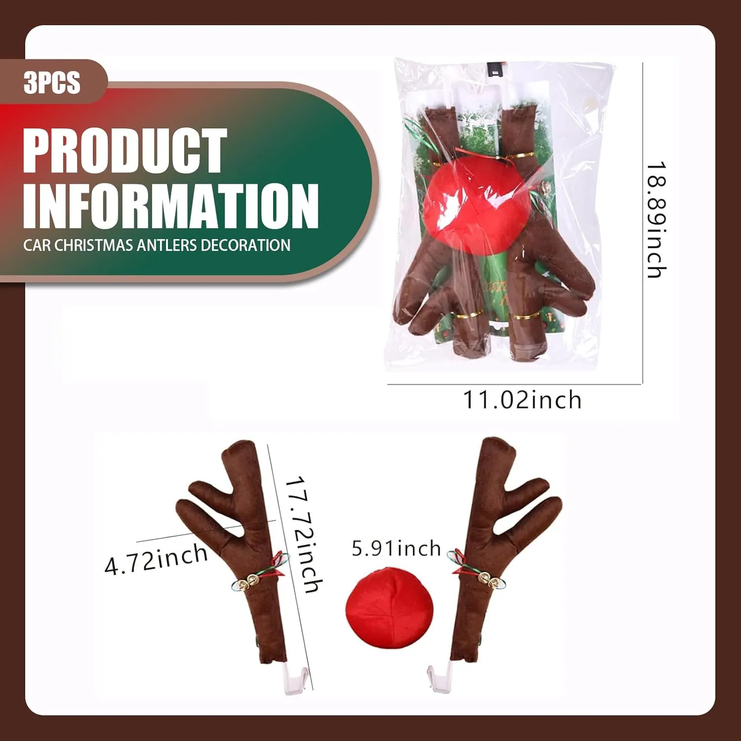 3 PCS Car Body Decoration Kit, 4.72" x 17.72" Pearl Cotton Filled Roof with Bell Antlers   5.91" Grille Nose Pendant, Multi-Functional Christmas Festive Atmosphere Accessories (Brown)
