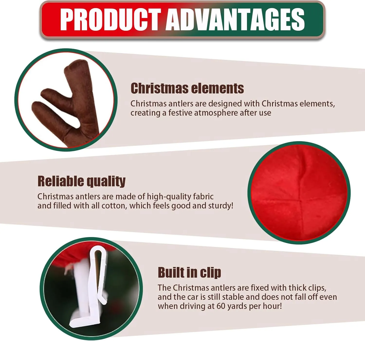 3 PCS Car Body Decoration Kit, 4.72" x 17.72" Pearl Cotton Filled Roof with Bell Antlers   5.91" Grille Nose Pendant, Multi-Functional Christmas Festive Atmosphere Accessories (Brown)
