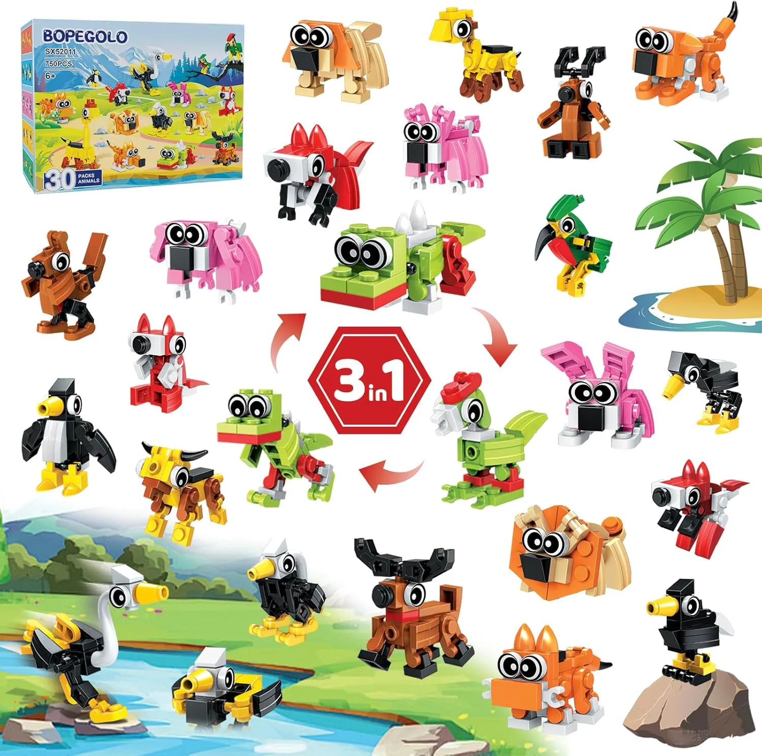 30 Pack Party Favors Building Set for Kids, 750 Pcs Mini Animal 3-in-1 Building Block Kit Sets, Goodie Bags Stuffers for Kids Classroom Prizes Birthday, Best Gifts for Boys Girls Ages 6 