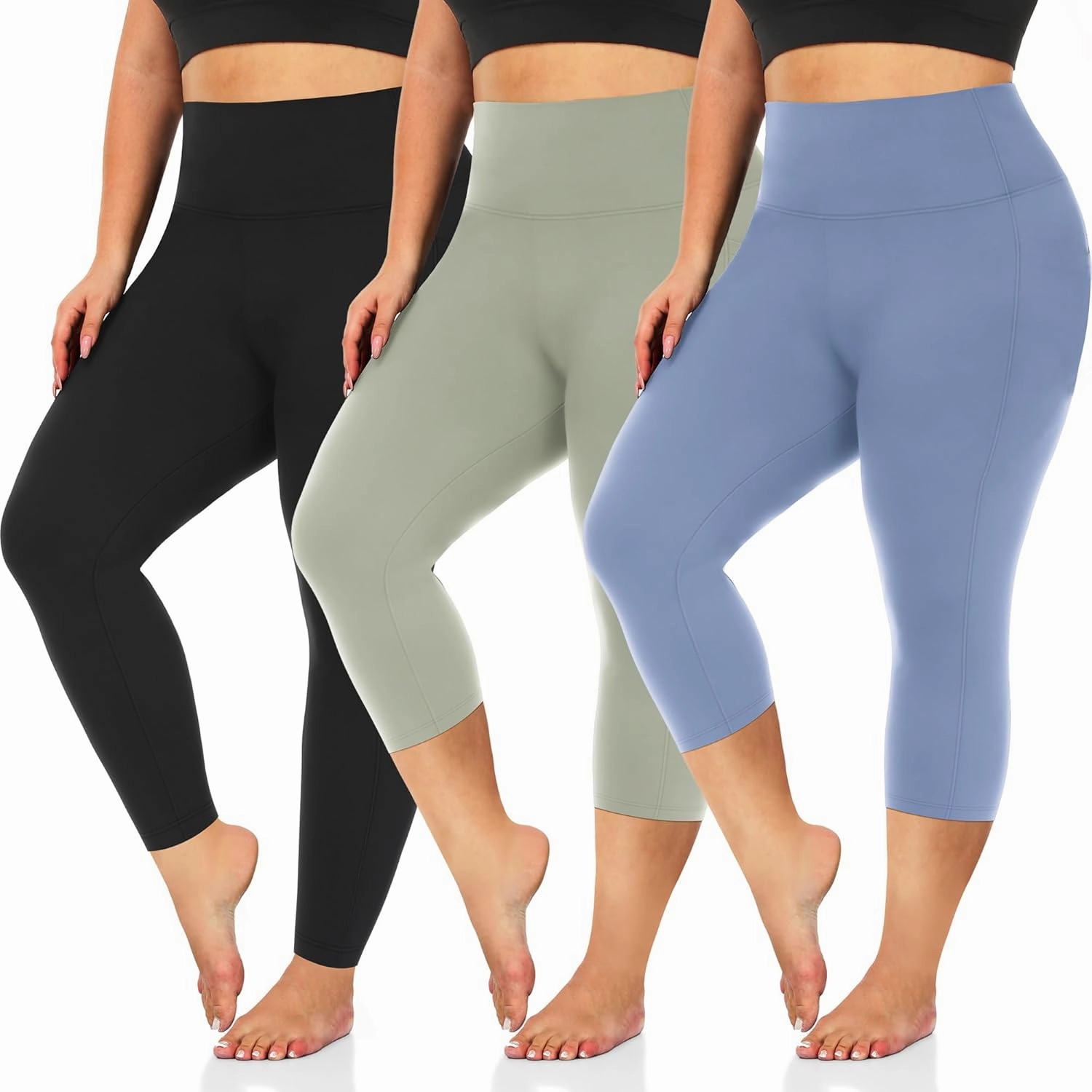 3 Pack Women's Plus Size Capri Leggings High Waist Tummy Control, Stretchy Yoga Workout Pants (XL-4X) - Spandex Elastic Fit