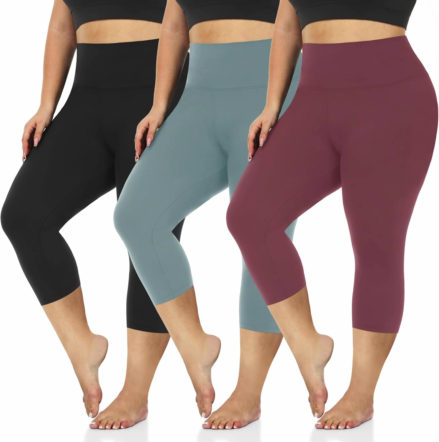 3 Pack Women's Plus Size Capri Leggings High Waist Tummy Control, Stretchy Yoga Workout Pants (XL-4X) - Spandex Elastic Fit