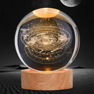 3D Solar System Crystal Ball 80mm – Laser Engraved Solar System Model with Wooden Base, Astronomy Decor & Space Gifts for Kids, Physics Enthusiasts, and Collectors