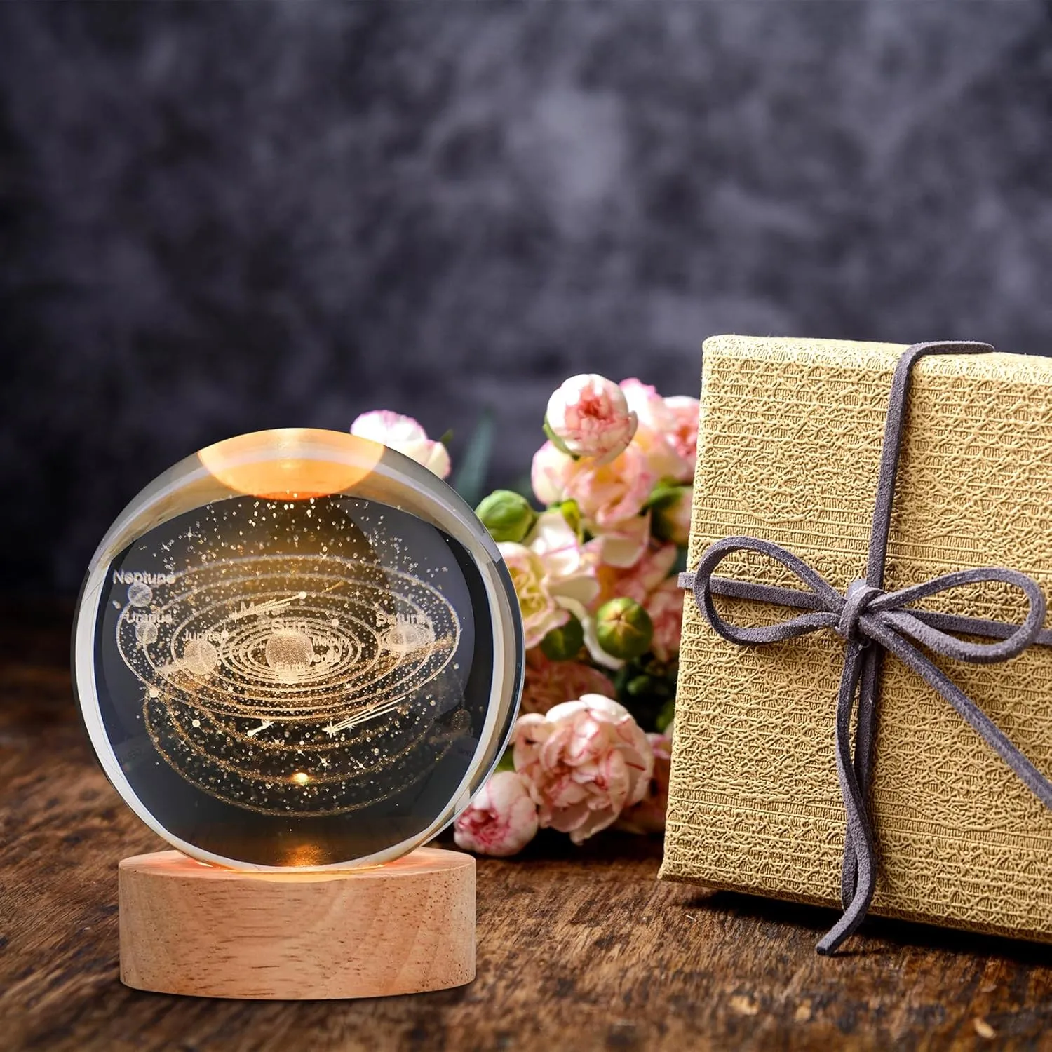 3D Solar System Crystal Ball 80mm – Laser Engraved Solar System Model with Wooden Base, Astronomy Decor & Space Gifts for Kids, Physics Enthusiasts, and Collectors