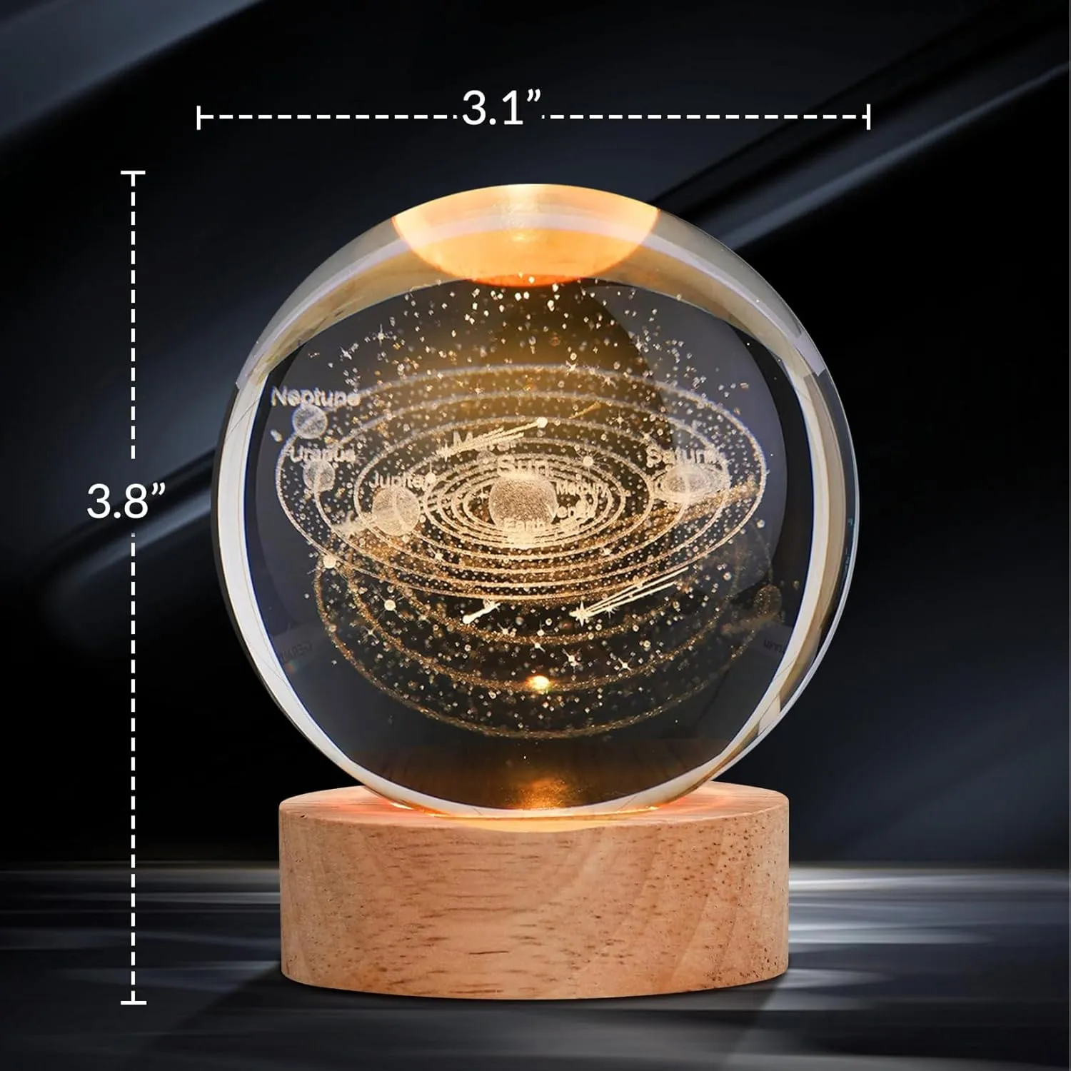 3D Solar System Crystal Ball 80mm – Laser Engraved Solar System Model with Wooden Base, Astronomy Decor & Space Gifts for Kids, Physics Enthusiasts, and Collectors