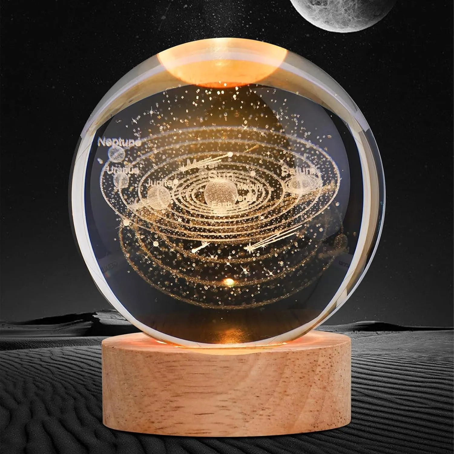 3D Solar System Crystal Ball 80mm – Laser Engraved Solar System Model with Wooden Base, Astronomy Decor & Space Gifts for Kids, Physics Enthusiasts, and Collectors