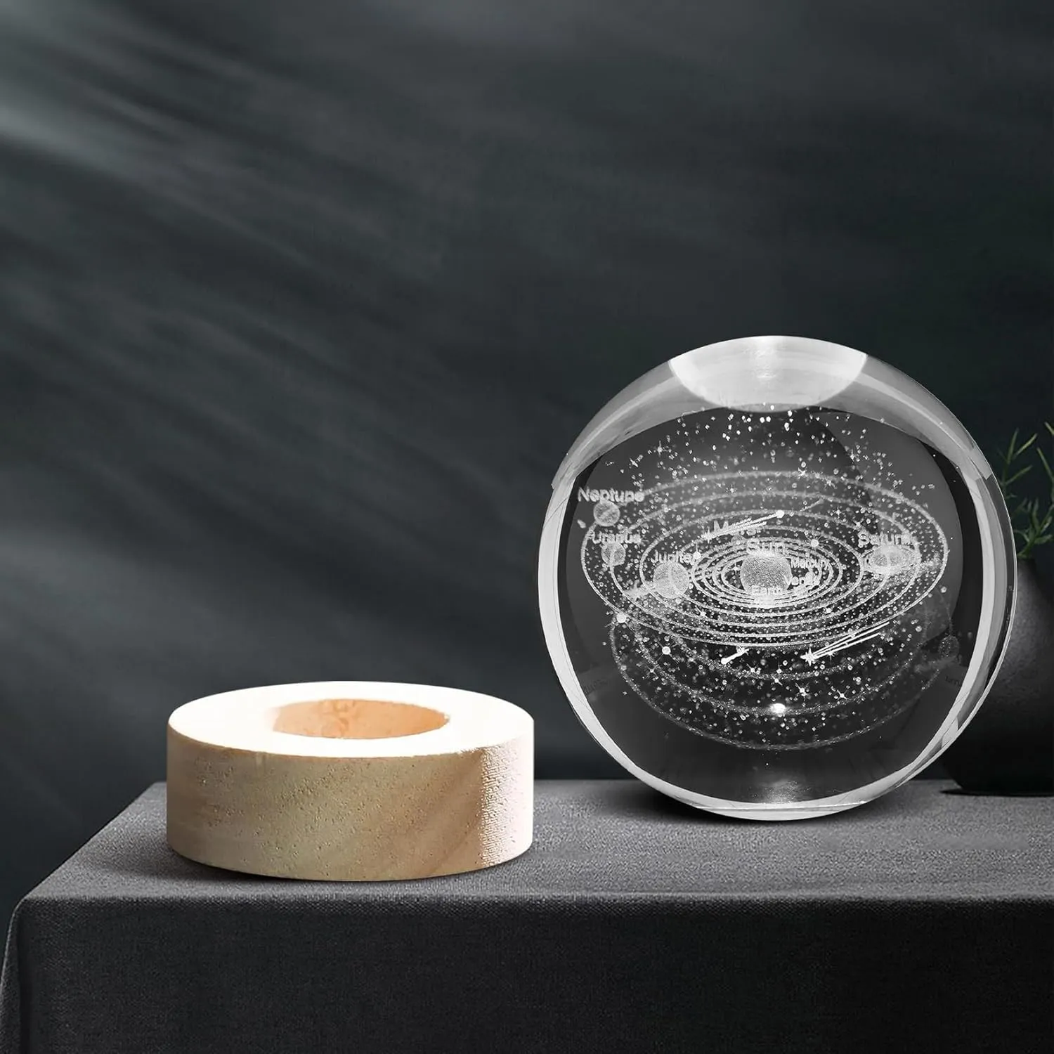 3D Solar System Crystal Ball 80mm – Laser Engraved Solar System Model with Wooden Base, Astronomy Decor & Space Gifts for Kids, Physics Enthusiasts, and Collectors