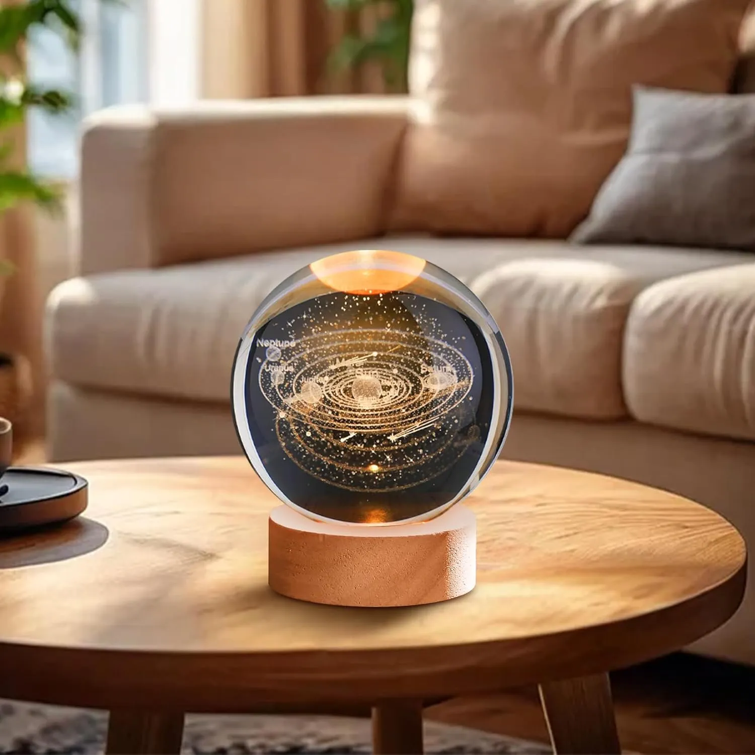 3D Solar System Crystal Ball 80mm – Laser Engraved Solar System Model with Wooden Base, Astronomy Decor & Space Gifts for Kids, Physics Enthusiasts, and Collectors