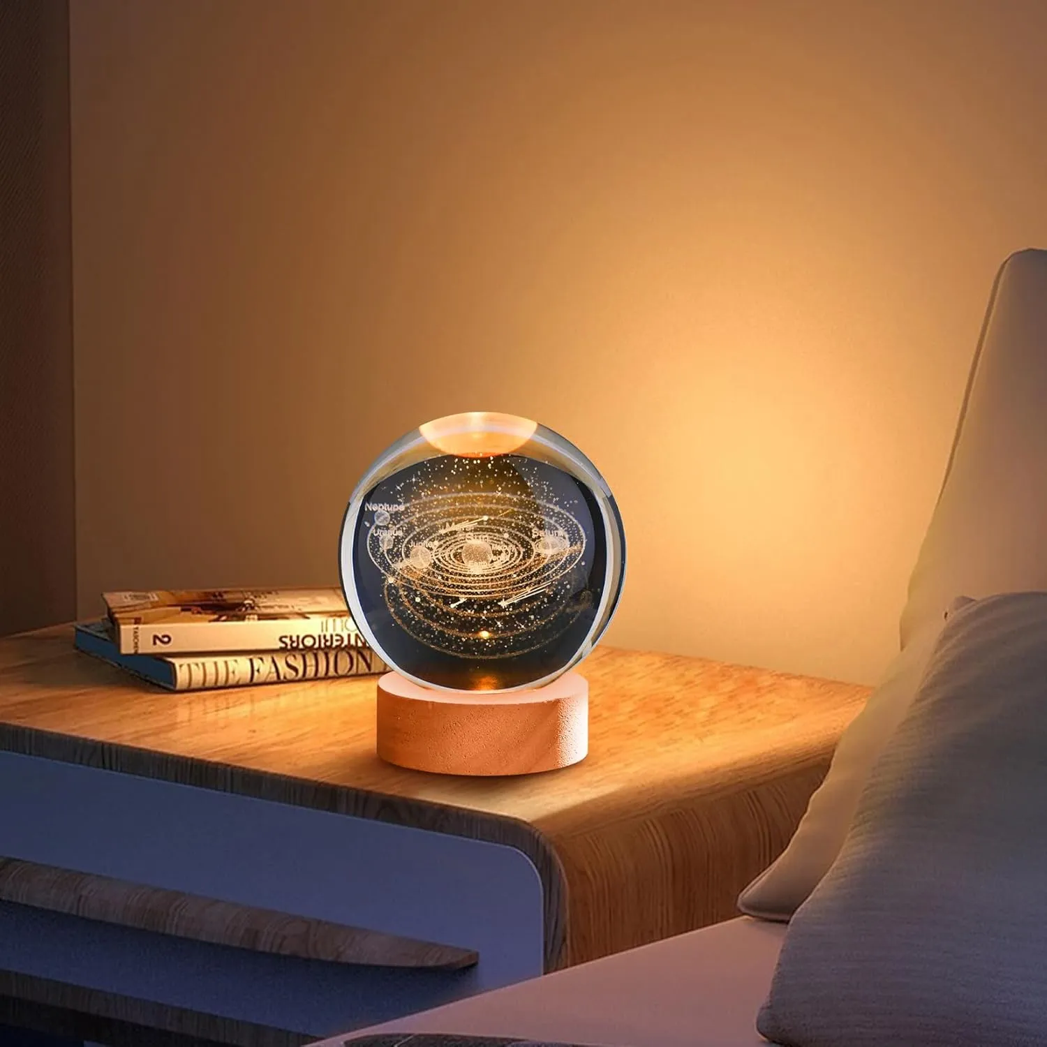 3D Solar System Crystal Ball 80mm – Laser Engraved Solar System Model with Wooden Base, Astronomy Decor & Space Gifts for Kids, Physics Enthusiasts, and Collectors