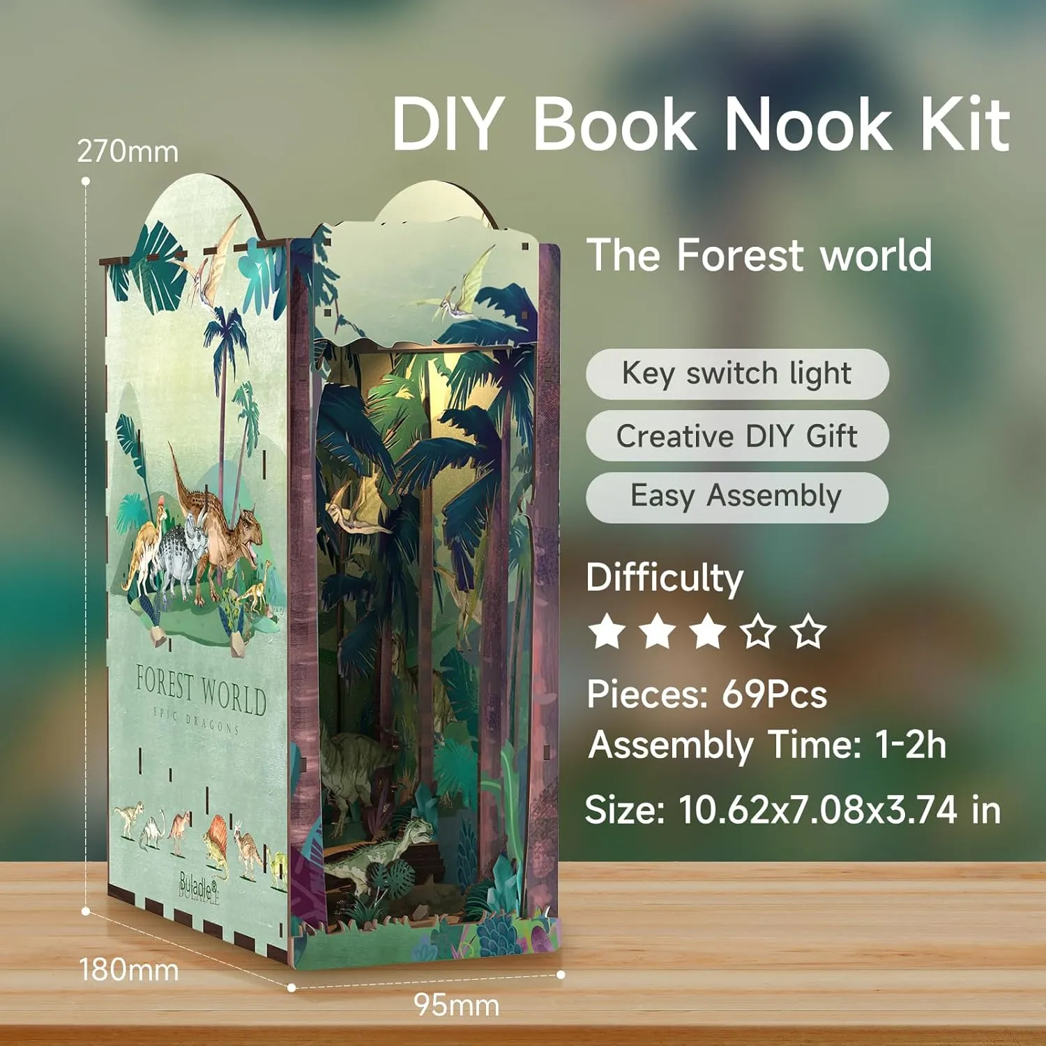 3D Wooden Puzzle, DIY Book Nook Kits Miniature Dollhouse Bookend, Bookshelf Insert Assembled Kit, Build-Creativity Gift, Decorative Bookends (Forest World Epic Dragons)