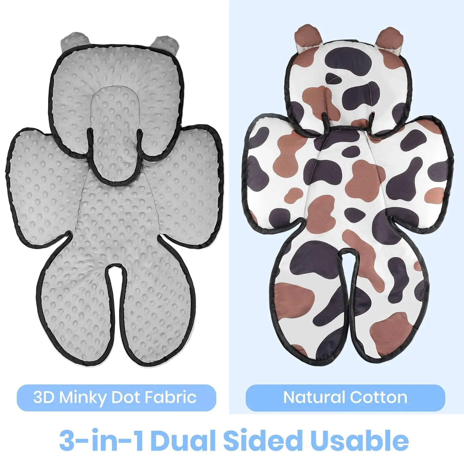 3in1 Baby Car Seat Head Body Support,Soft Breathable Infant Car Seat Insert Newborn Boy Girl,Reversible Cotton-Minnky Carseat Head Support Pillow Cushion for Infant Stroller,Swing,Bouncer(Grey)