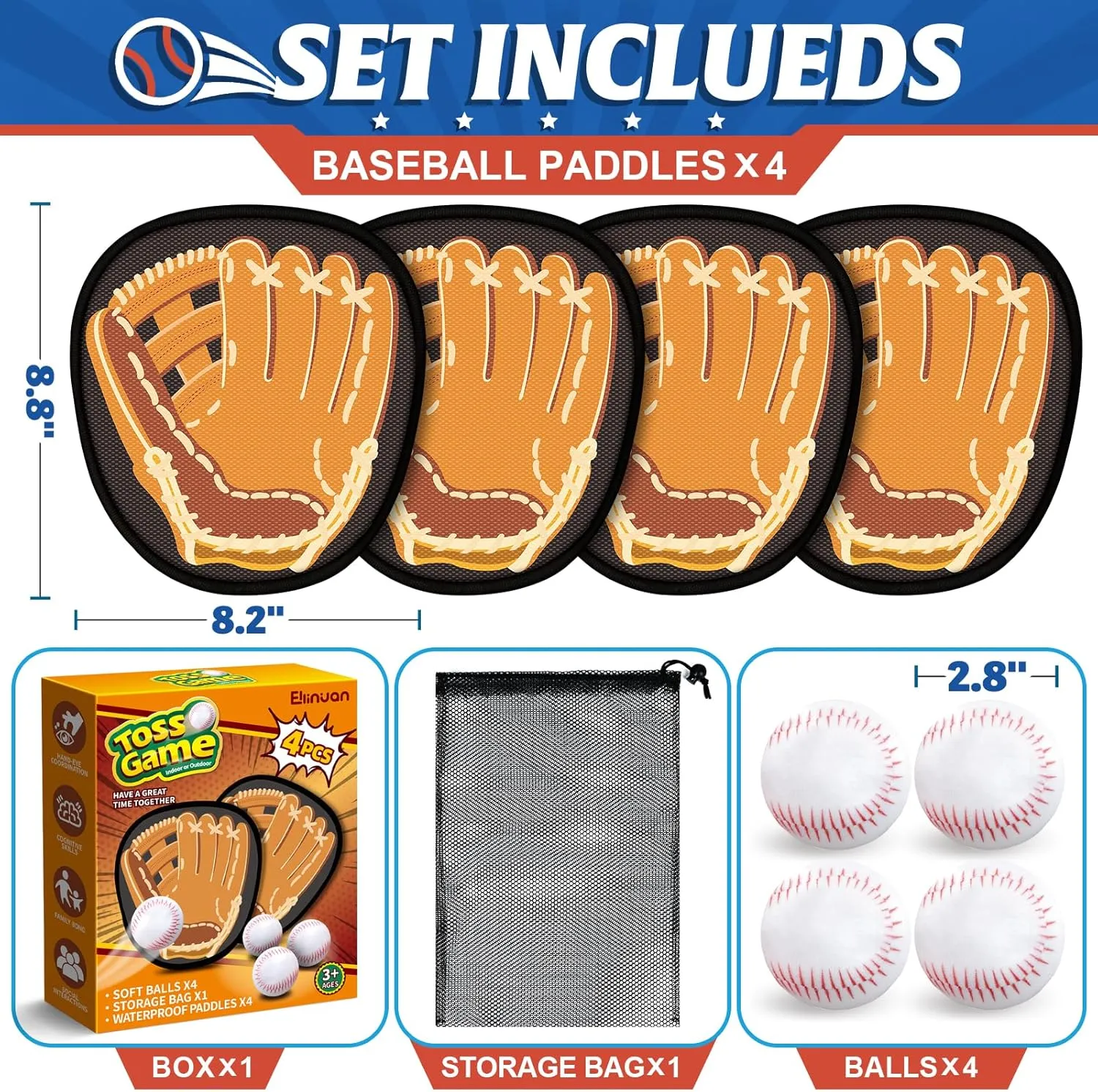 4 Pack Catch Ball Game Set, Outdoor Games for Kids Ages 4-8-12, Kid Baseball Training Glove, Summer Outdoor Toys Pool Beach Backyard Lawn Games for Toddlers Kids Family, Fun Ideal Gifts