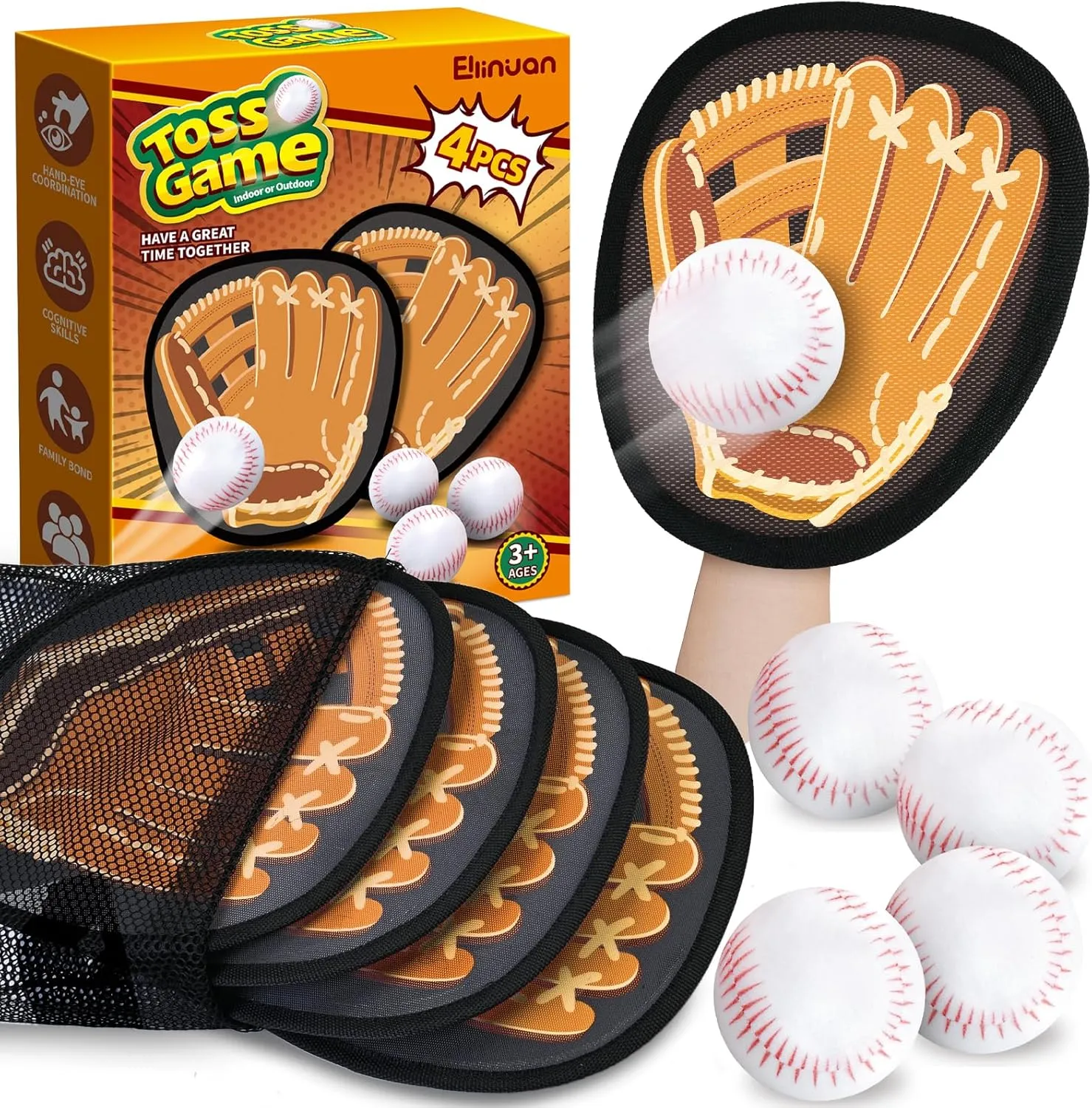 4 Pack Catch Ball Game Set, Outdoor Games for Kids Ages 4-8-12, Kid Baseball Training Glove, Summer Outdoor Toys Pool Beach Backyard Lawn Games for Toddlers Kids Family, Fun Ideal Gifts