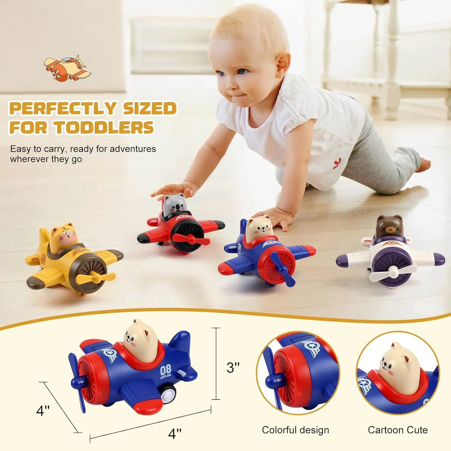 4 Pack Press and Go Toddler Car Toys Cute Animal Airplane Toy Cars Set First Birthday Gifts Boy Girl