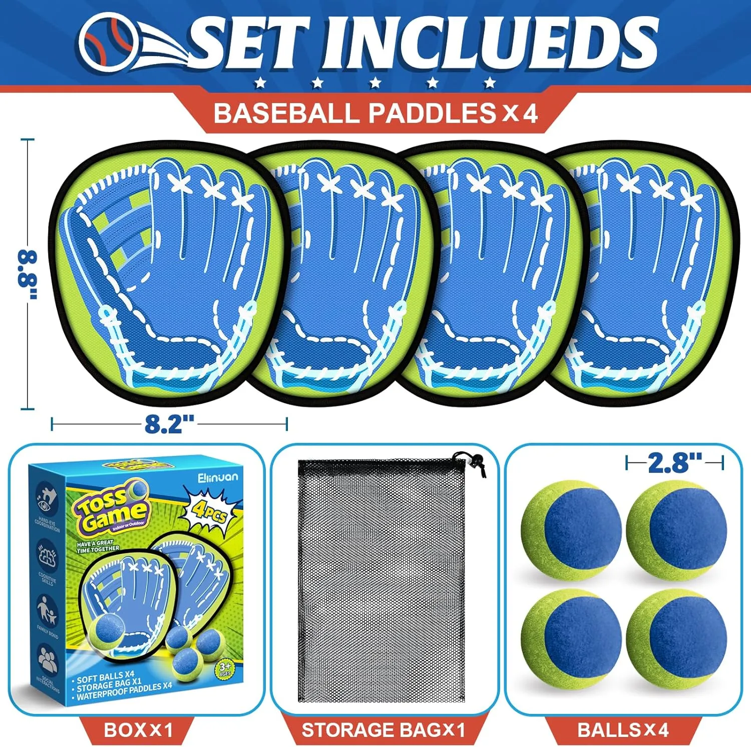 4 Packs Catch Ball Game Set, Baseball Training Glove, Outdoor Toys, Summer Pool Beach Yard Backyard Camping Sports Play Toy Games for Toddlers Kids Teens Adults Family Game, Fun Ideal Gifts