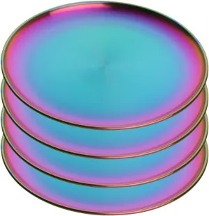 4-Piece Stainless Steel Dinner Plates Dessert Salad Plates Set Indian, Mingcheng 9.1 Inch Colorful Metal Platter for Camping, Unbreakable and Reusable Dishwasher Safe (Rainbow)