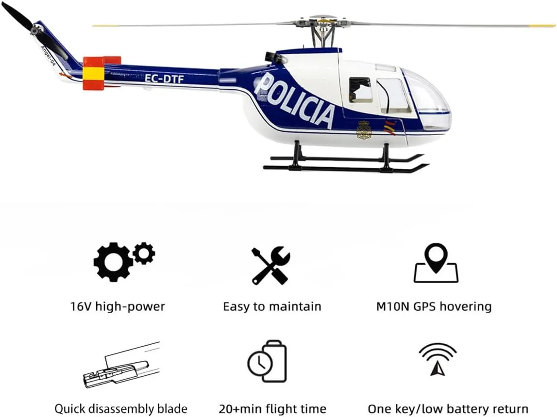 470 Size RC Helicopter, BO105 2.4G 6CH Remote Control Military Helicopter with H1 Flight Controller, 3D/6G Model, 20Minutes Flight Time (RTF Version/Police Paint)