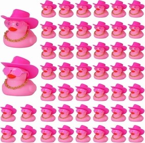 48 Pcs Pink Mini Rubber Ducks with Cow-boy Hat,2 Styls of Glasses,Necklace,Jeep Ducks for Ducking, Rubber Ducks for Party Favors Car Dashbaord Decoration