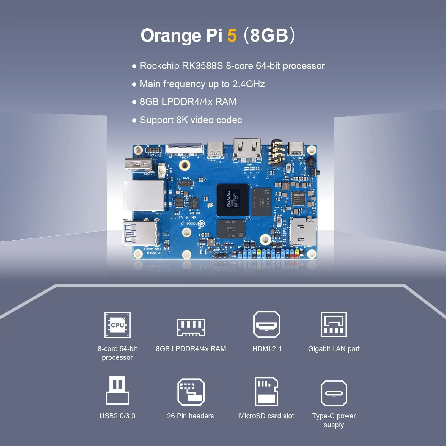 5 8GB LPDDR4/4X Rockchip RK3588S 8-Core 64 Bit Single Board Computer, Development Board Run Orange Pi/Linux/Ubuntu/Debian/Android OS (8GB)