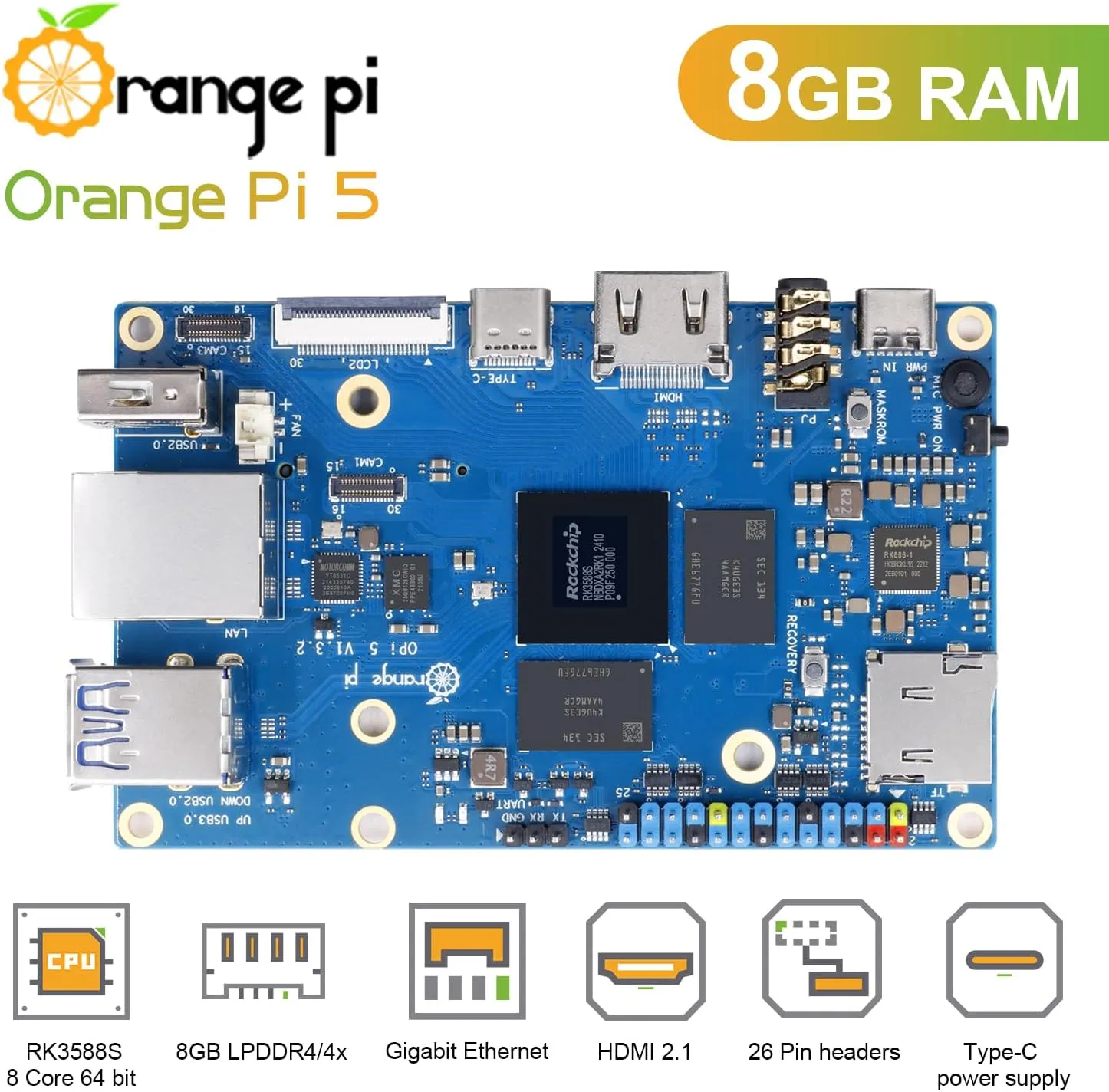 5 8GB LPDDR4/4X Rockchip RK3588S 8-Core 64 Bit Single Board Computer, Development Board Run Orange Pi/Linux/Ubuntu/Debian/Android OS (8GB)