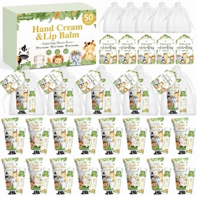 50 Pack Bulk Hand Cream and Bulk Lip Balm Gifts Sets, Baby Shower Favors and Bridal Shower Favors for Guests with Thank You Card and Organza Gift Bags, Birthday Gifts, Appreciation Gifts (Animal)