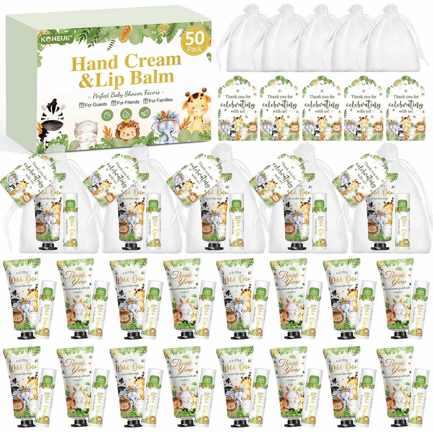50 Pack Bulk Hand Cream and Bulk Lip Balm Gifts Sets, Baby Shower Favors and Bridal Shower Favors for Guests with Thank You Card and Organza Gift Bags, Birthday Gifts, Appreciation Gifts (Animal)
