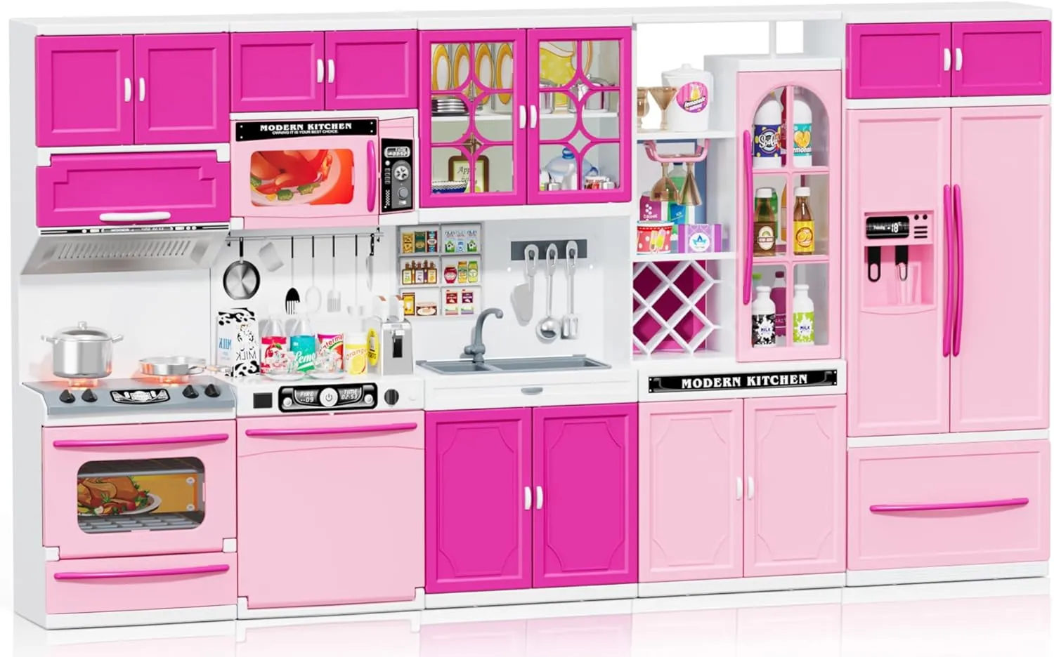 57 PCS Kitchen Playset for Girls, 5-in-1 Toddler Mini Kitchen with Realistic Lights & Sounds, Doll Kitchen House Toy, Mini Furniture Pretend Play Toys for Kids Age 3 , Pink