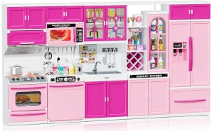 57 PCS Kitchen Playset for Girls, 5-in-1 Toddler Mini Kitchen with Realistic Lights & Sounds, Doll Kitchen House Toy, Mini Furniture Pretend Play Toys for Kids Age 3 , Pink