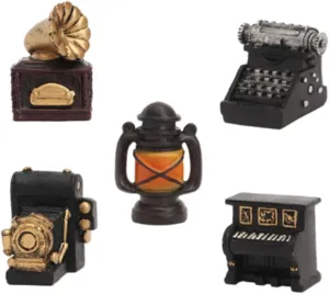 5pcs Mini Retro Figurines Vintage Decor for Home Includes Typewriter Lamp Piano Phonograph for Miniature Dollhouse Box and Table Art