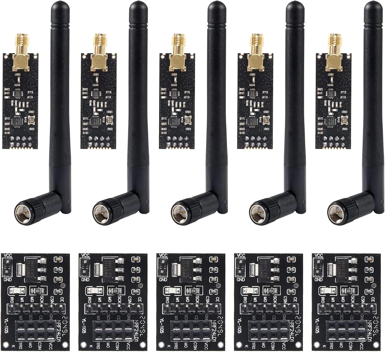 5pcs NRF24L01 PA LNA RF Transceiver Module with SMA Antenna 2.4 GHz 1100m   5pcs NRF24L01 Wireless Module with Breakout Adapter On-Board 3.3V Regulator for Arduino