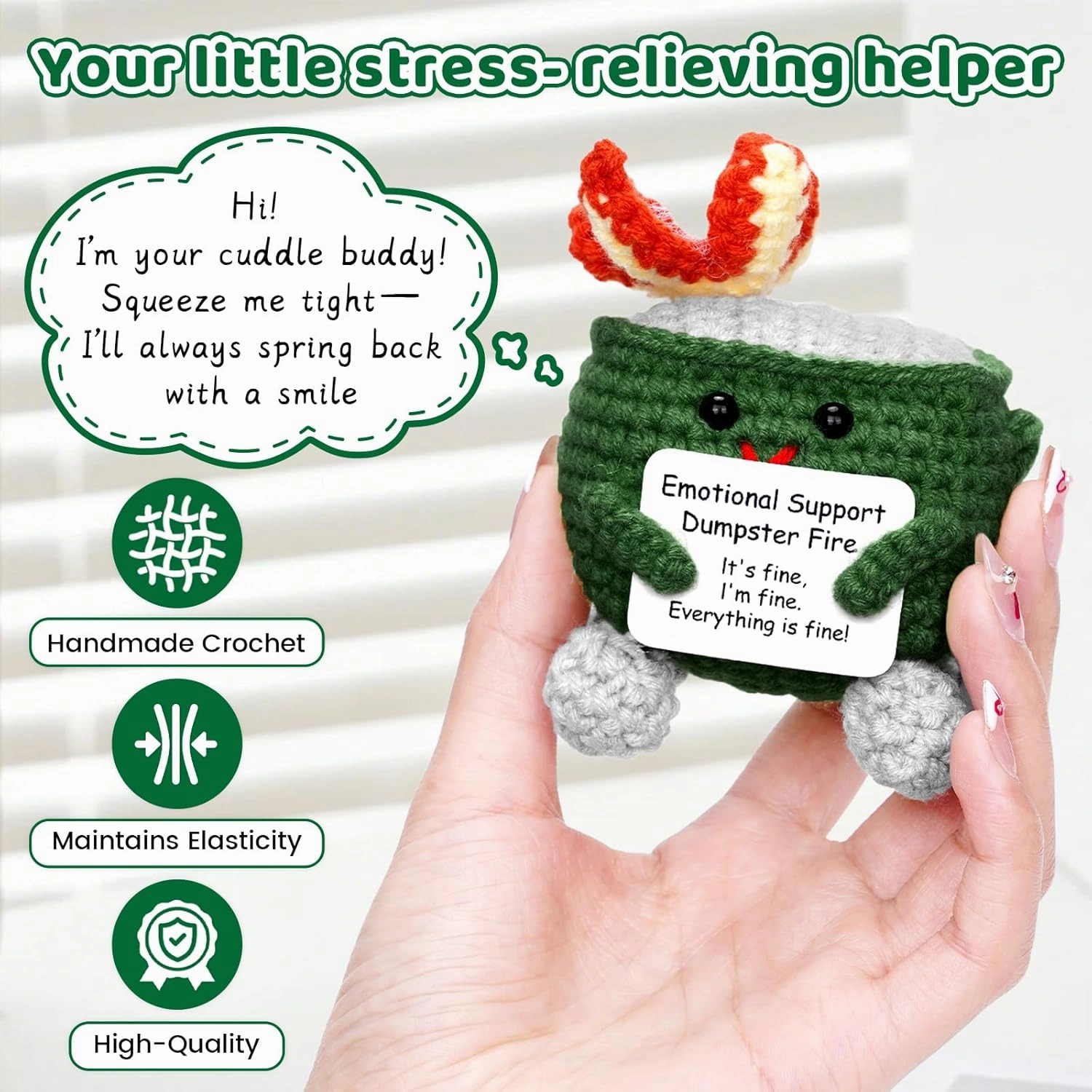 5PCS Emotional Support Dumpster, Cute Handmade Crochet Dumpster Fire Positive Crochet Inspirational Birthday Gift for Coworkers Women Men Friend Funny Desk Decor