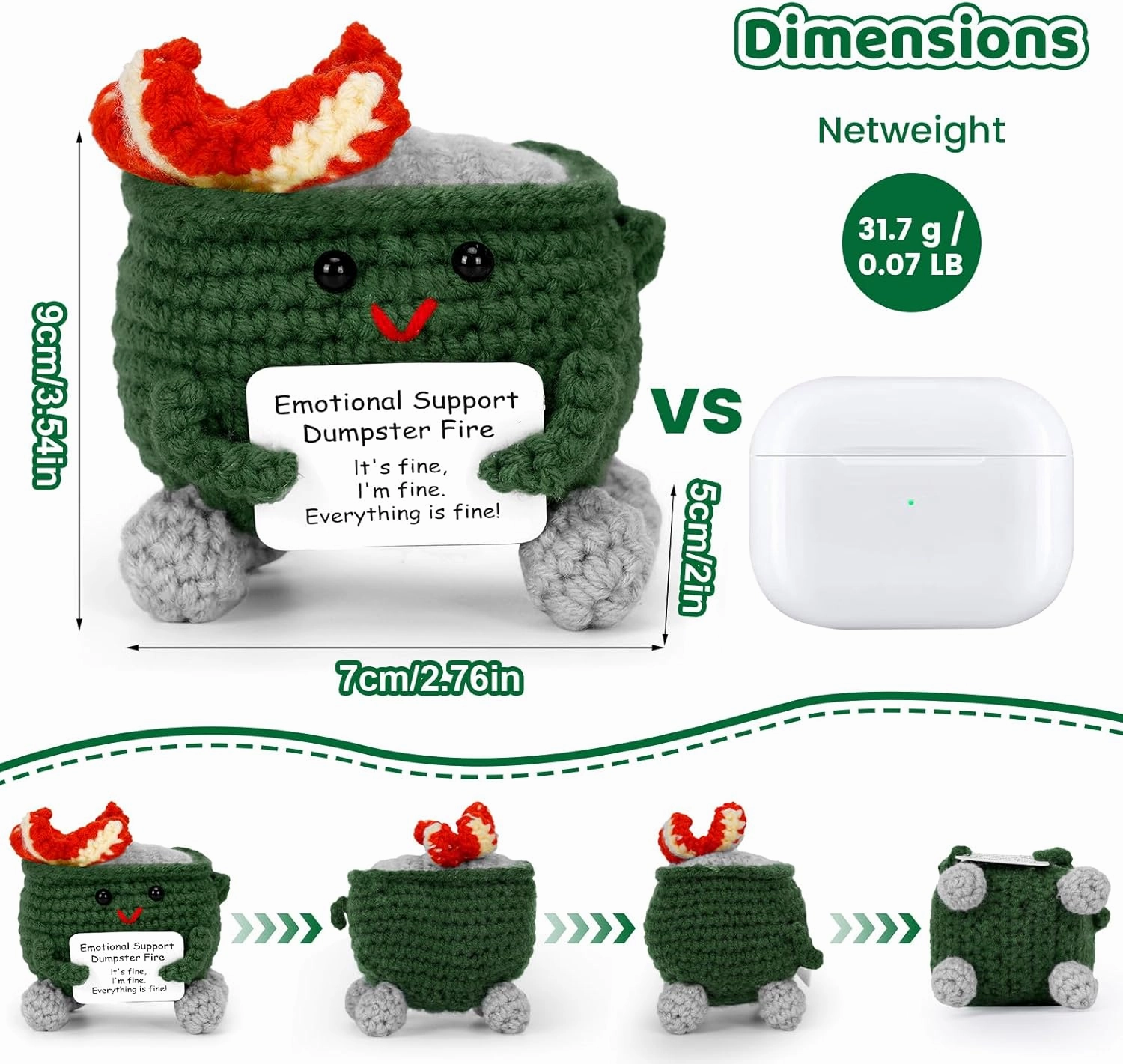 5PCS Emotional Support Dumpster, Cute Handmade Crochet Dumpster Fire Positive Crochet Inspirational Birthday Gift for Coworkers Women Men Friend Funny Desk Decor