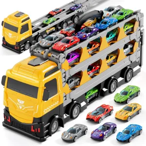 78-Inch Cars Trucks Toys for Toddler 1-3 2-4 3-5 4-7 Years Old Boys Kids, Transport Truck Toys with 24 Pcs Die-Cast Cars, Toys Gifts for 3 4 5 6 Year Old Boys, Toddler Boy Toys Ages 3-5 4-7