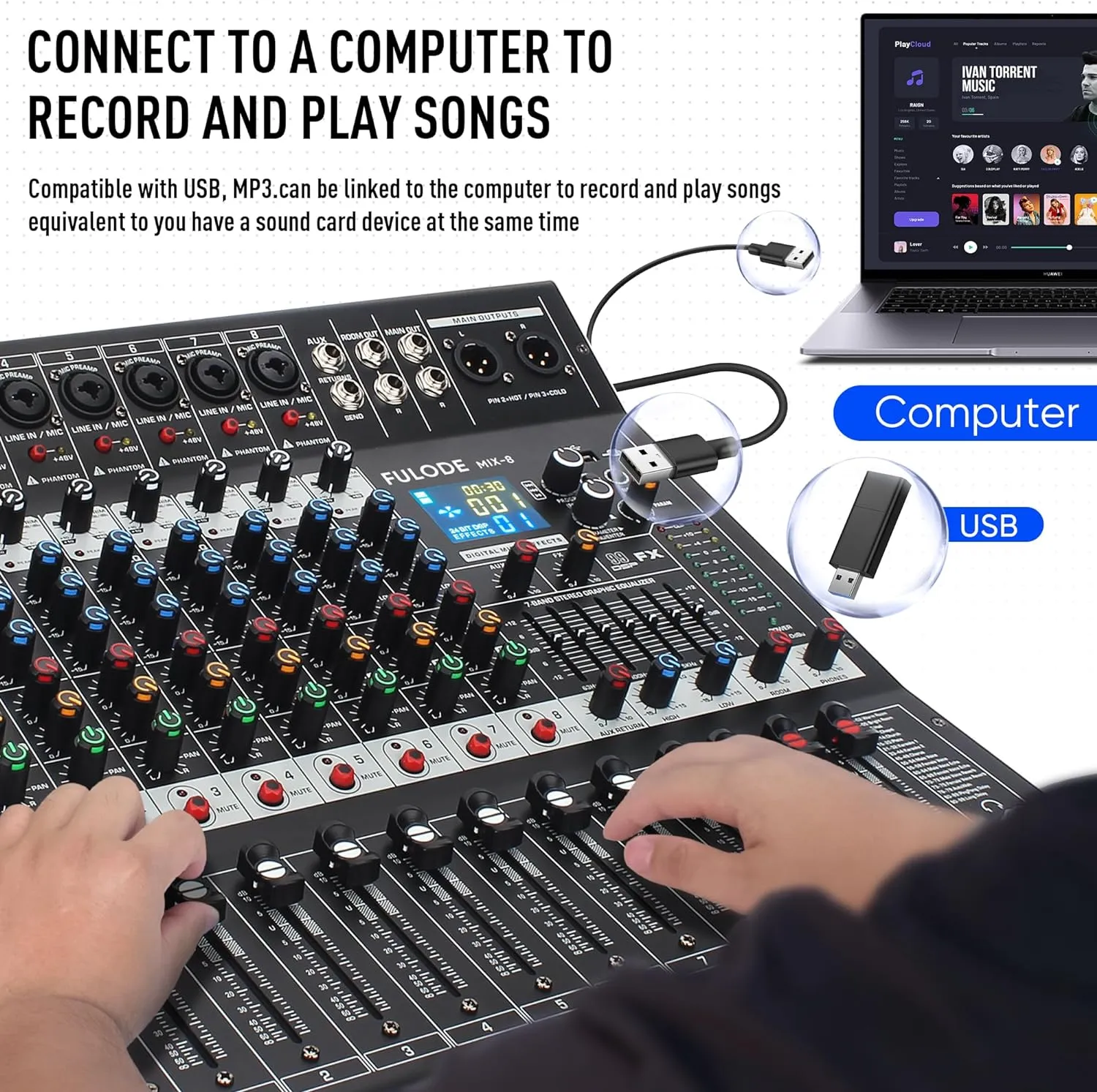 8-Channel Professional Audio Mixer Sound Board Console 99 Bit DSP Digital Processor w/USB Bluetooth MP3 for PC Recording Input, XLR Microphone Jack, 48V Power, RCA Input/Output, DJ Mixer
