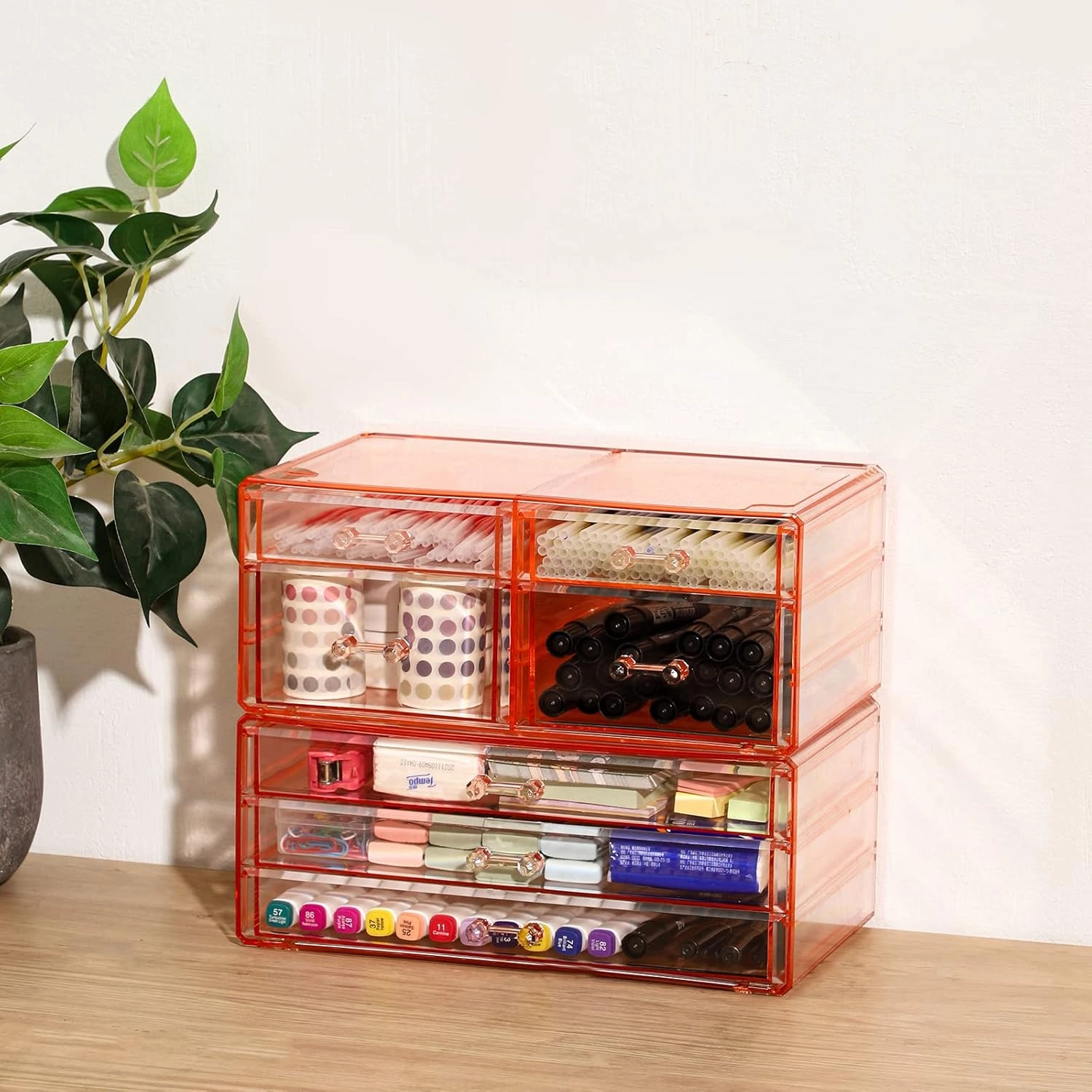 Acrylic Pink Jewelry Box Organizer With 4 Drawers,Rectangular Brightroom Storage Bins Plastic Desk Organizers,Stackable Makeup Drawer Suitable for Office,School,Home Stackable Organizer Bins,Pack of 1